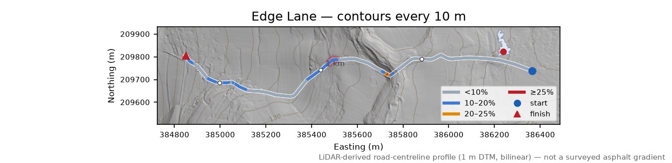 Edge Lane LiDAR hillshade map with contours