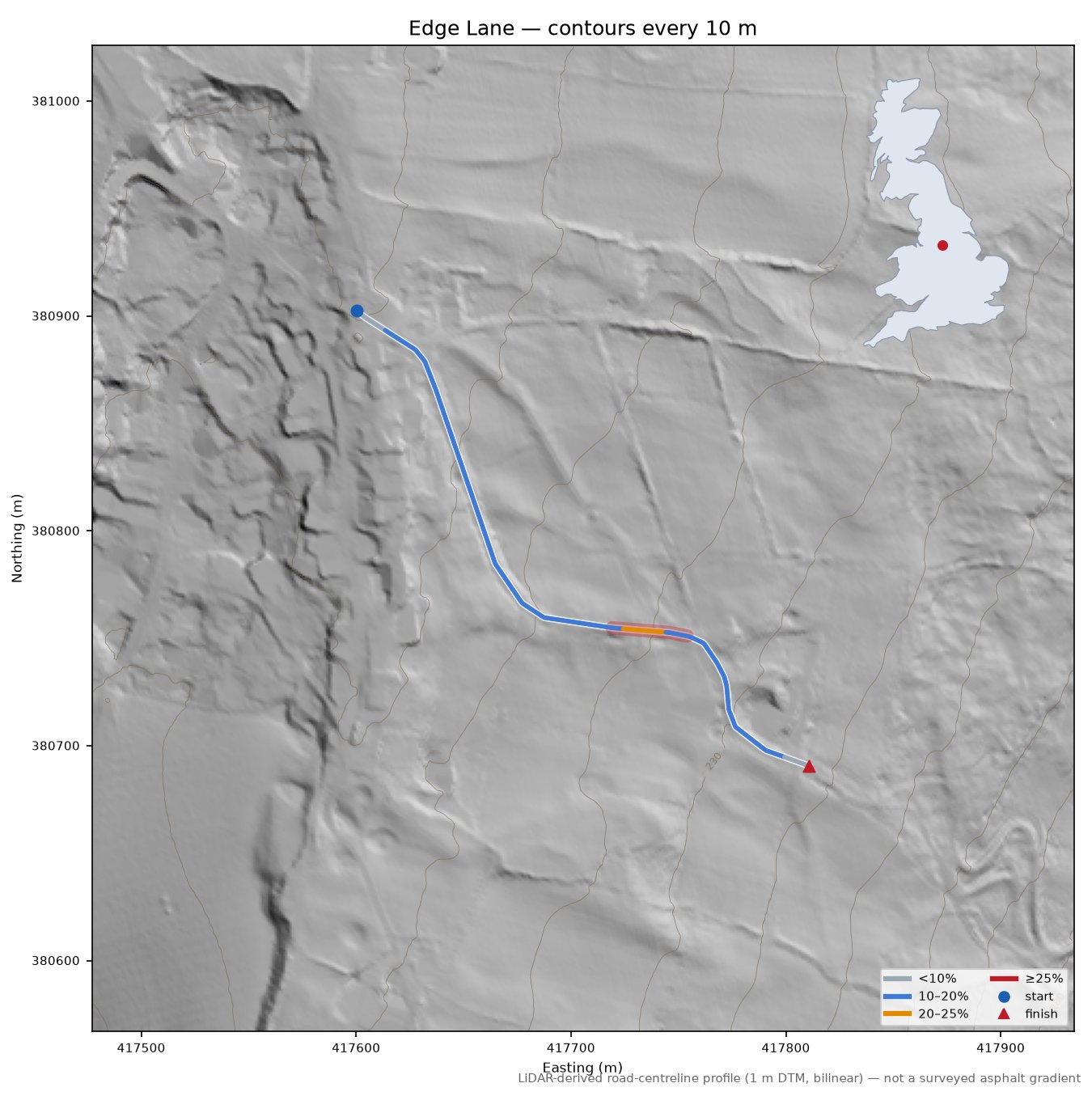 Edge Lane LiDAR hillshade map with contours