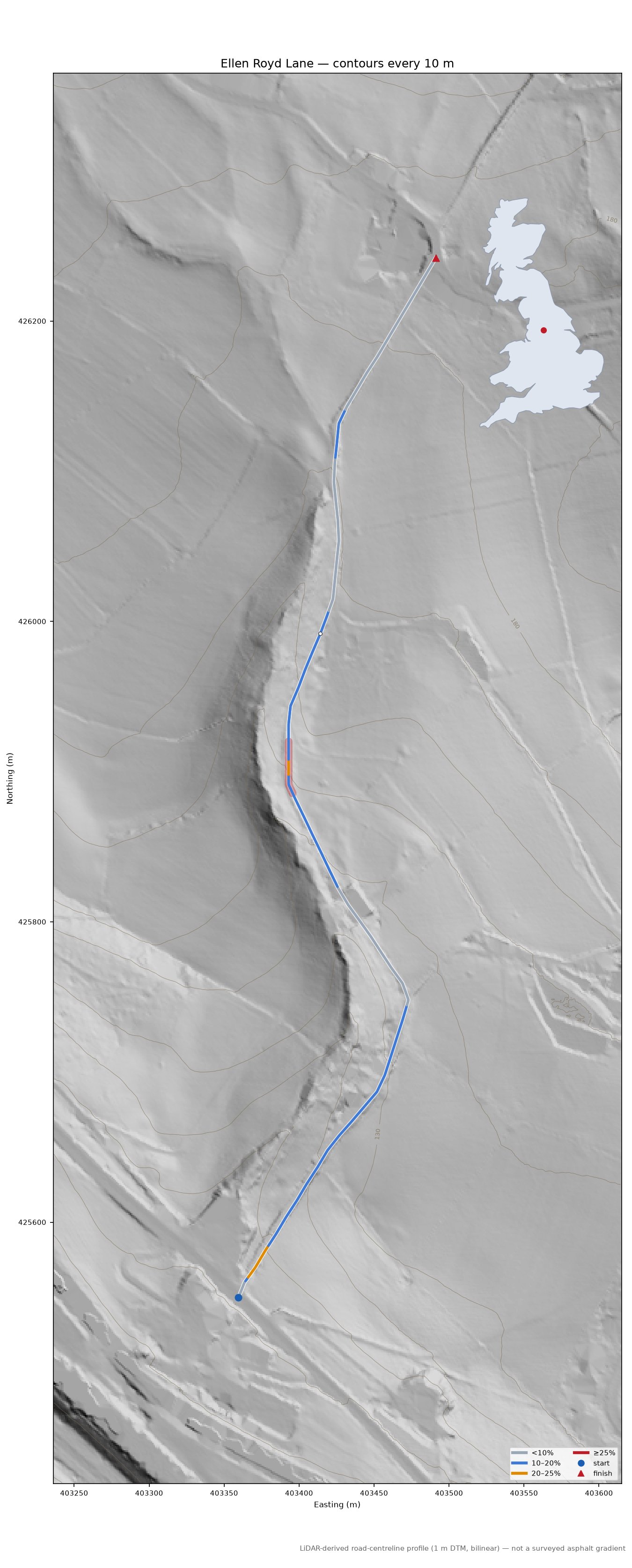 Ellen Royd Lane LiDAR hillshade map with contours