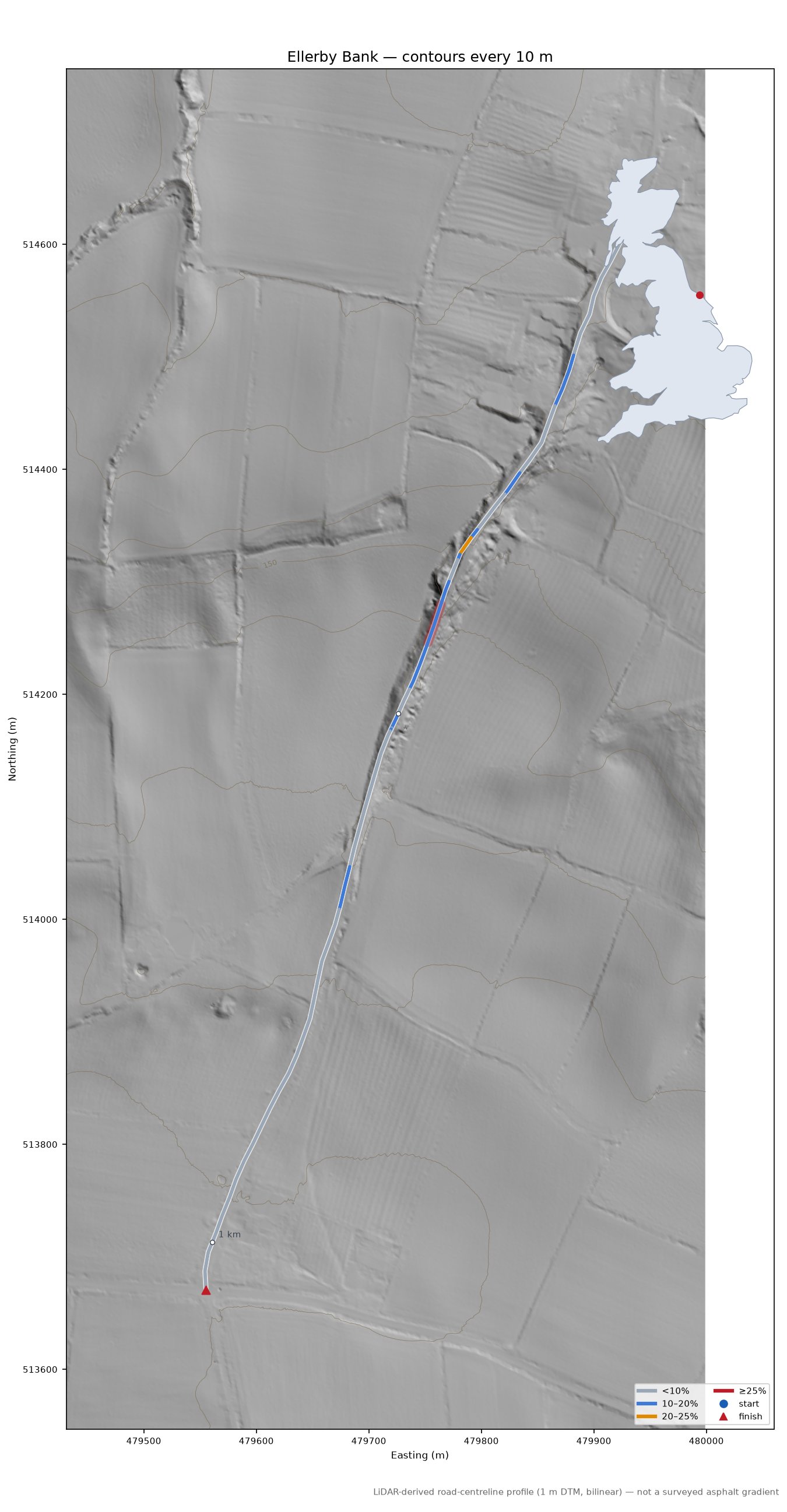 Ellerby Bank LiDAR hillshade map with contours