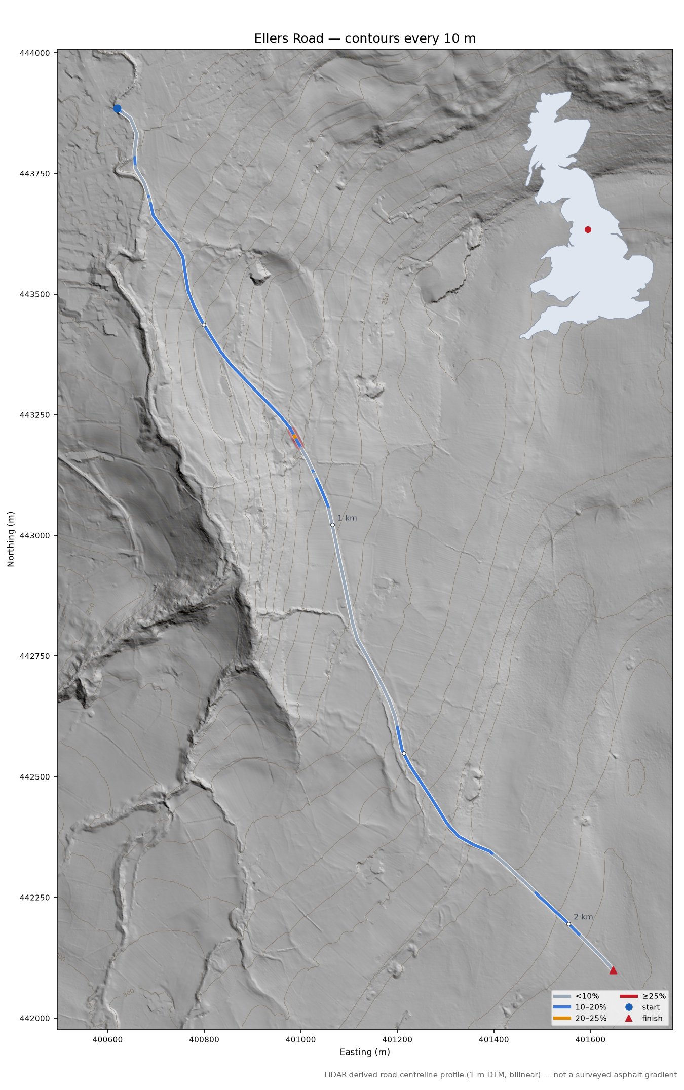 Ellers Road LiDAR hillshade map with contours