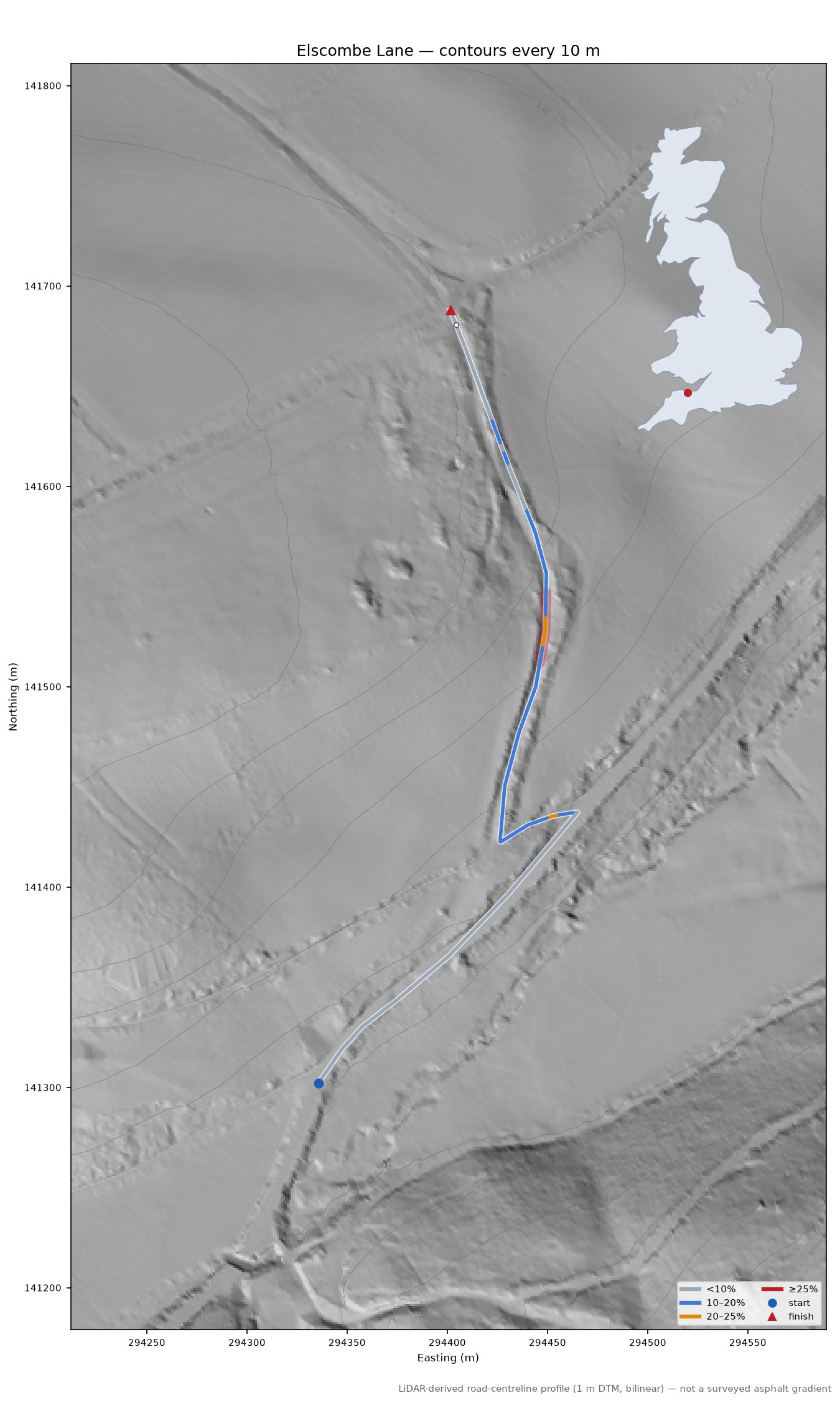 Elscombe Lane LiDAR hillshade map with contours