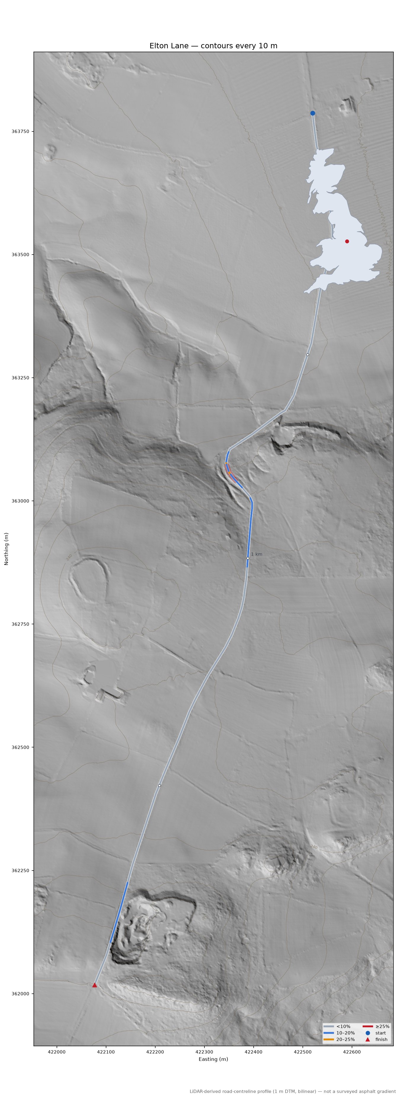 Elton Lane LiDAR hillshade map with contours