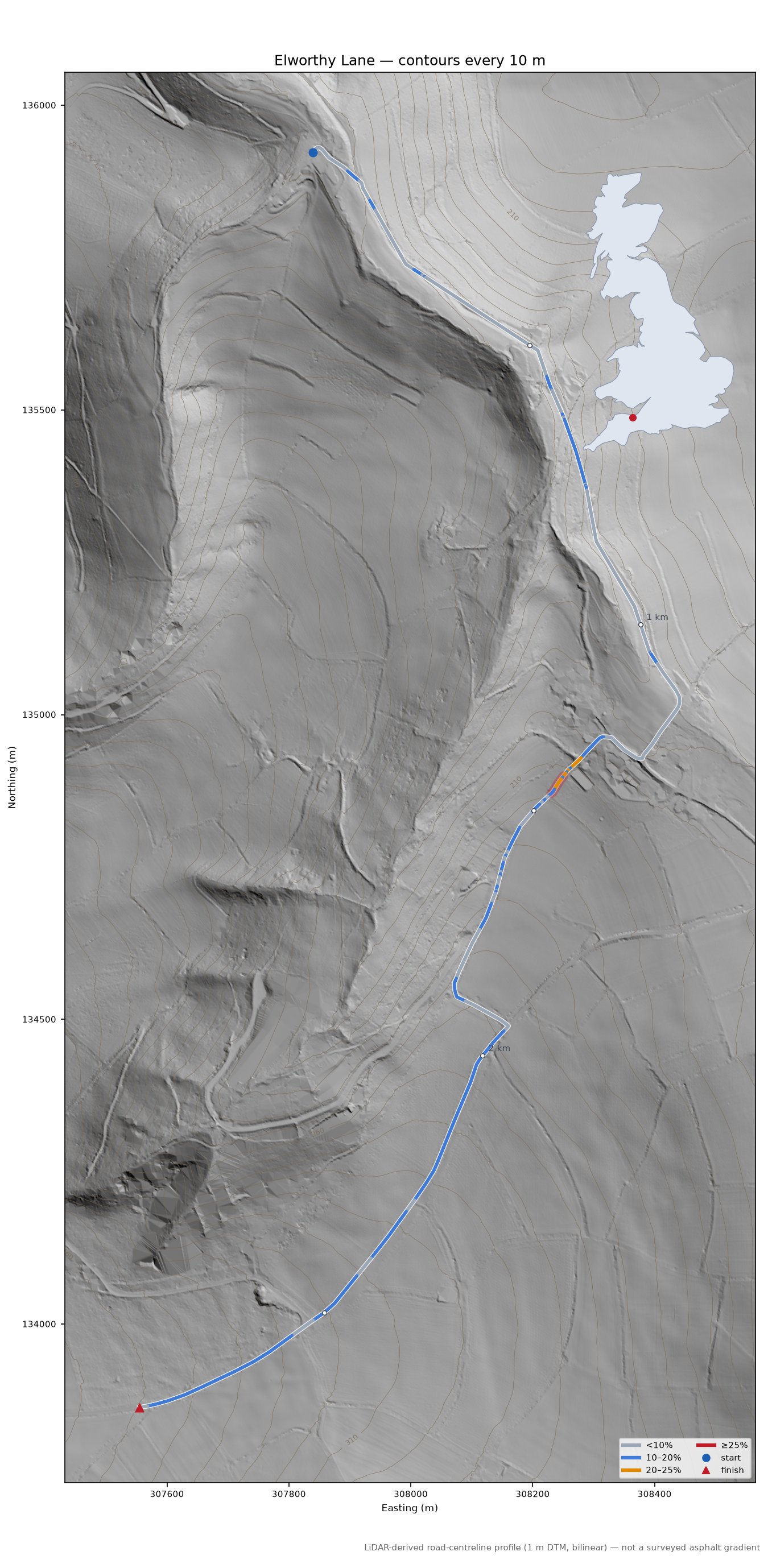 Elworthy Lane LiDAR hillshade map with contours