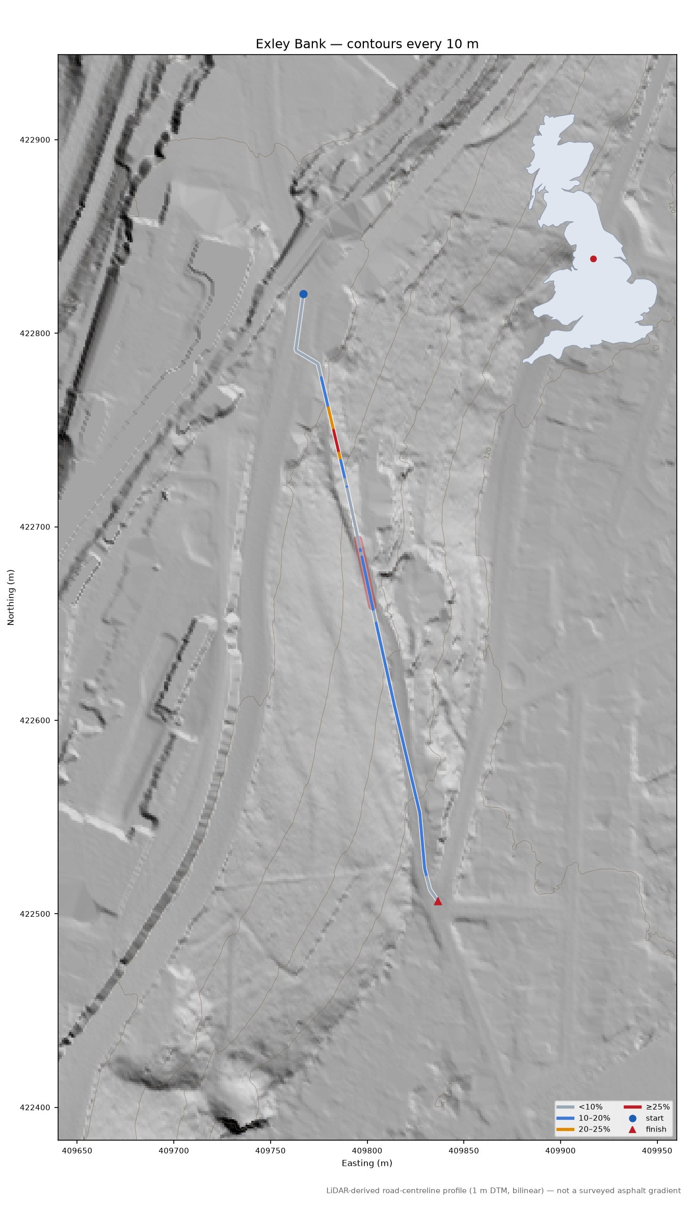 Exley Bank LiDAR hillshade map with contours