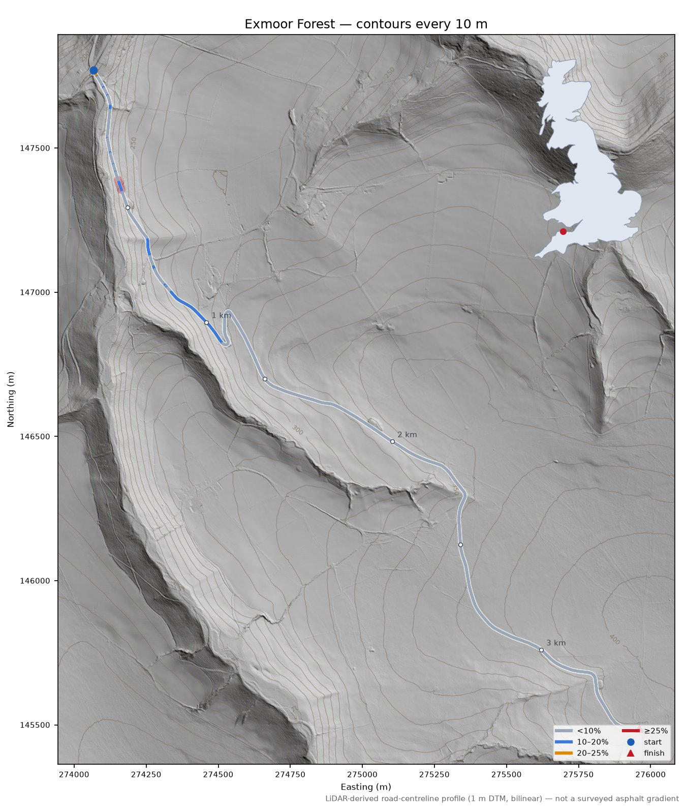 Exmoor Forest LiDAR hillshade map with contours