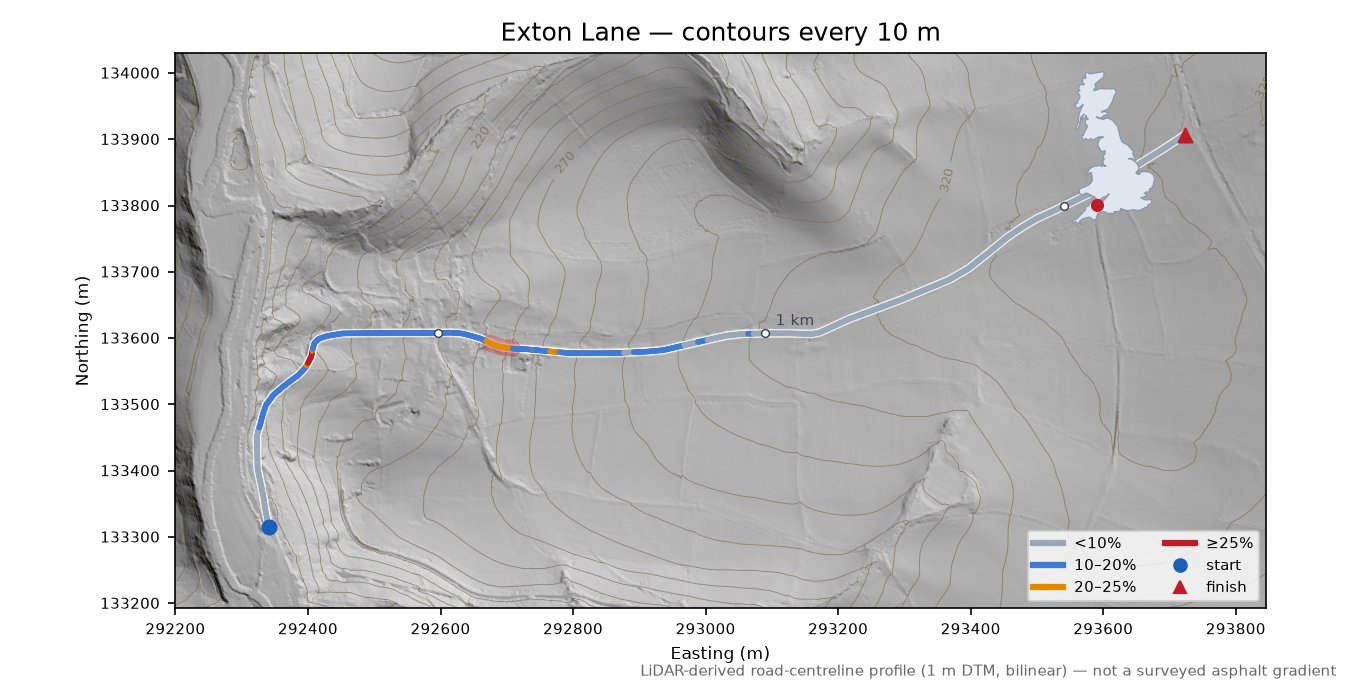 Exton Lane LiDAR hillshade map with contours