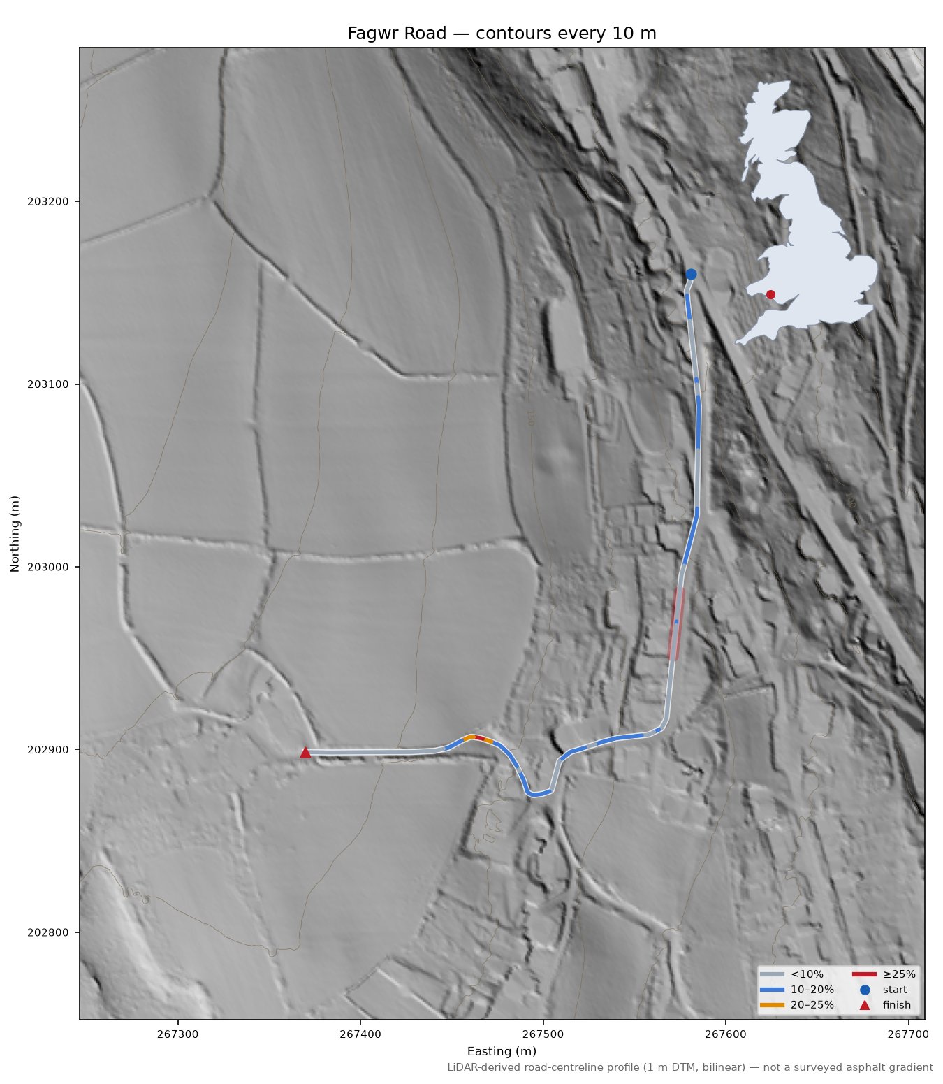 Fagwr Road LiDAR hillshade map with contours