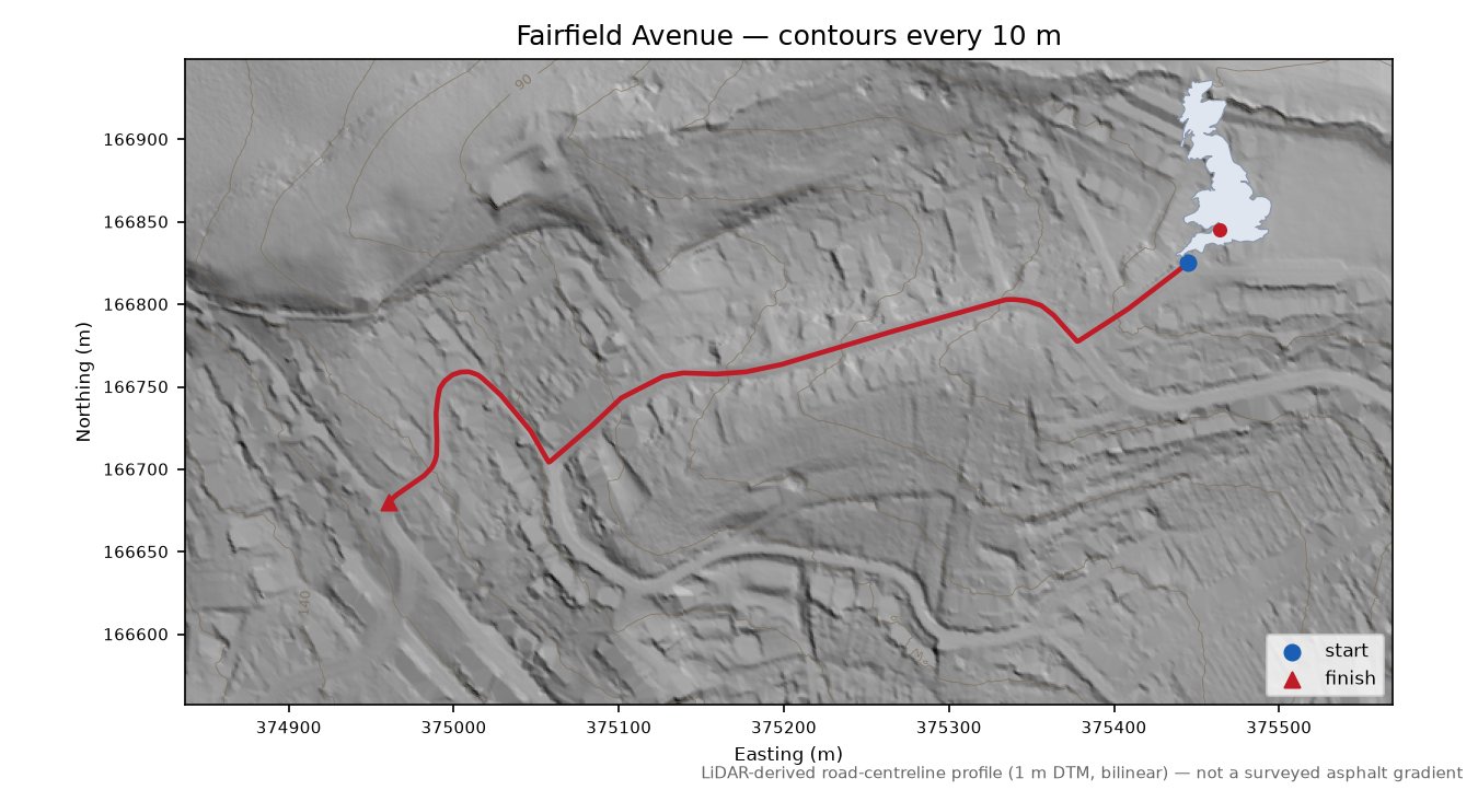Fairfield Avenue LiDAR hillshade map with contours