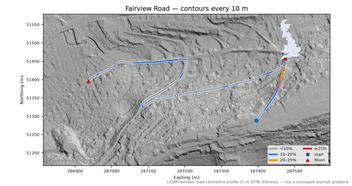 Fairview Road LiDAR hillshade map with contours