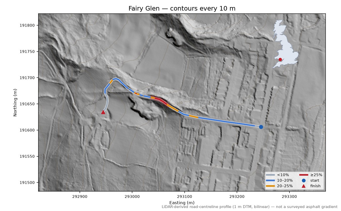 Fairy Glen LiDAR hillshade map with contours