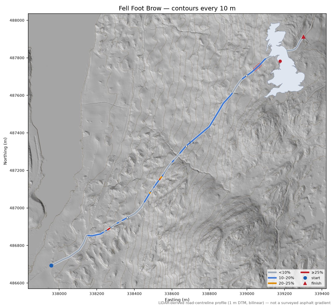 Fell Foot Brow LiDAR hillshade map with contours