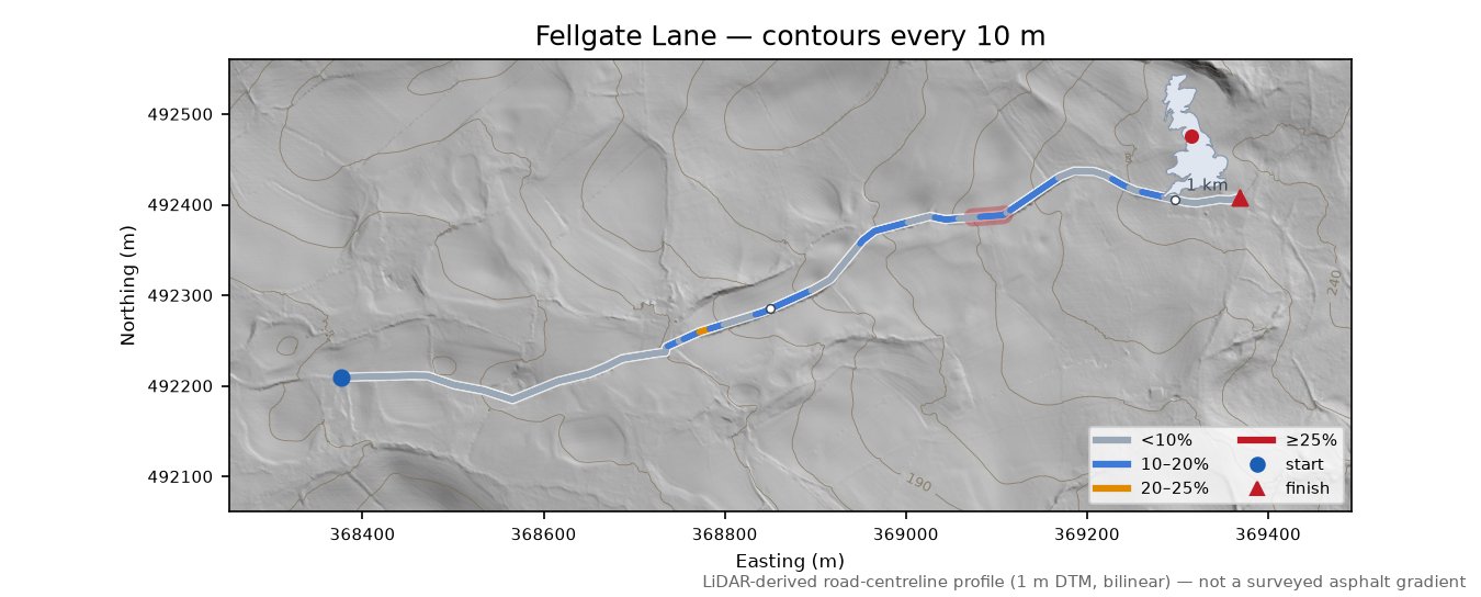 Fellgate Lane LiDAR hillshade map with contours