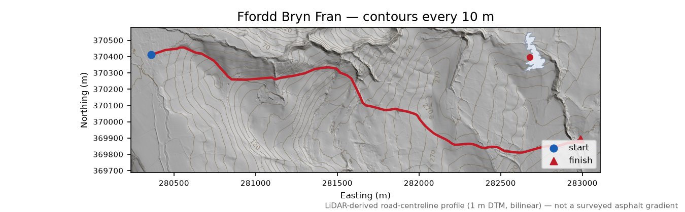 Ffordd Bryn Fran LiDAR hillshade map with contours