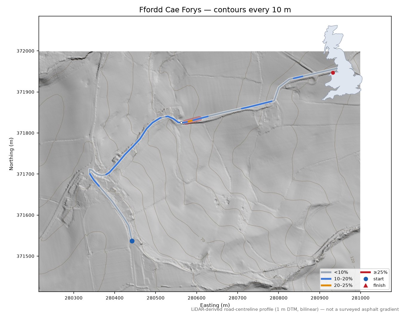 Ffordd Cae Forys LiDAR hillshade map with contours