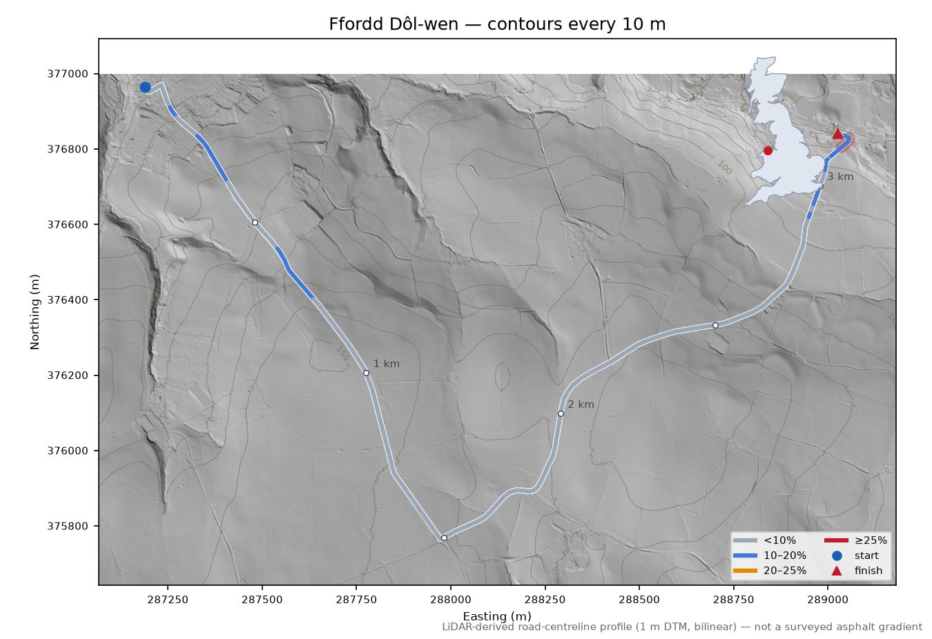 Ffordd Dôl-wen LiDAR hillshade map with contours