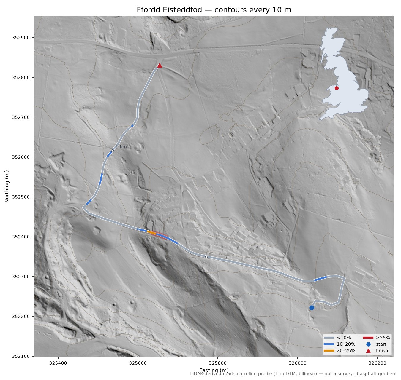 Ffordd Eisteddfod LiDAR hillshade map with contours