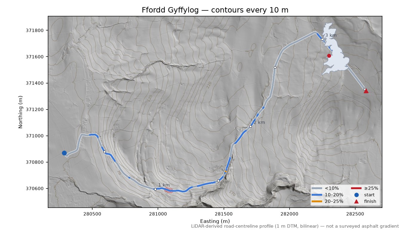 Ffordd Gyffylog LiDAR hillshade map with contours