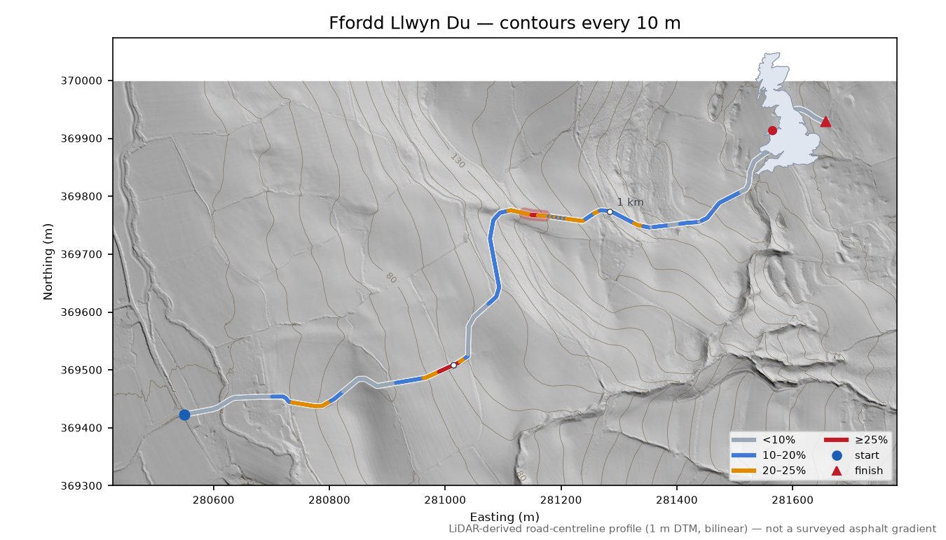Ffordd Llwyn Du LiDAR hillshade map with contours