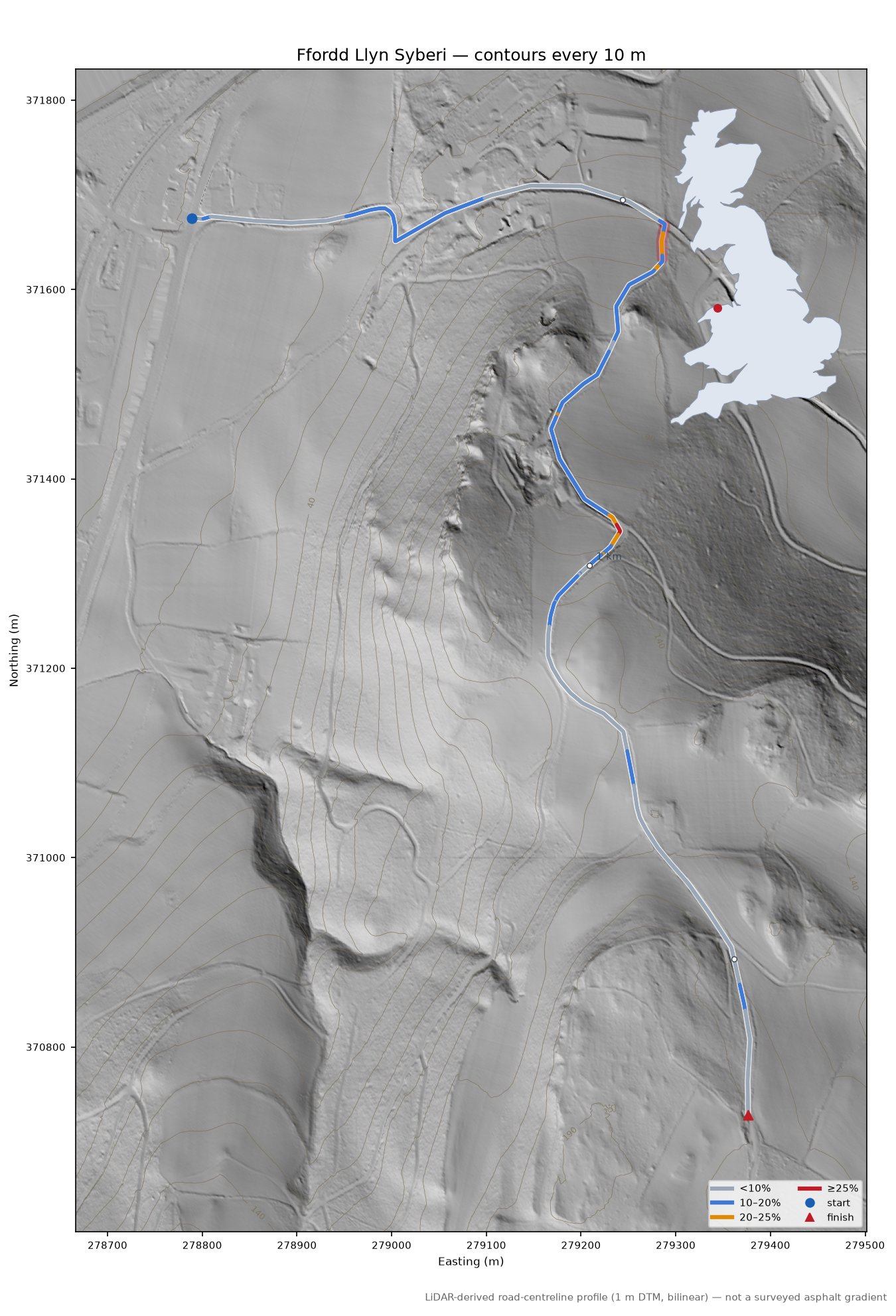 Ffordd Llyn Syberi LiDAR hillshade map with contours