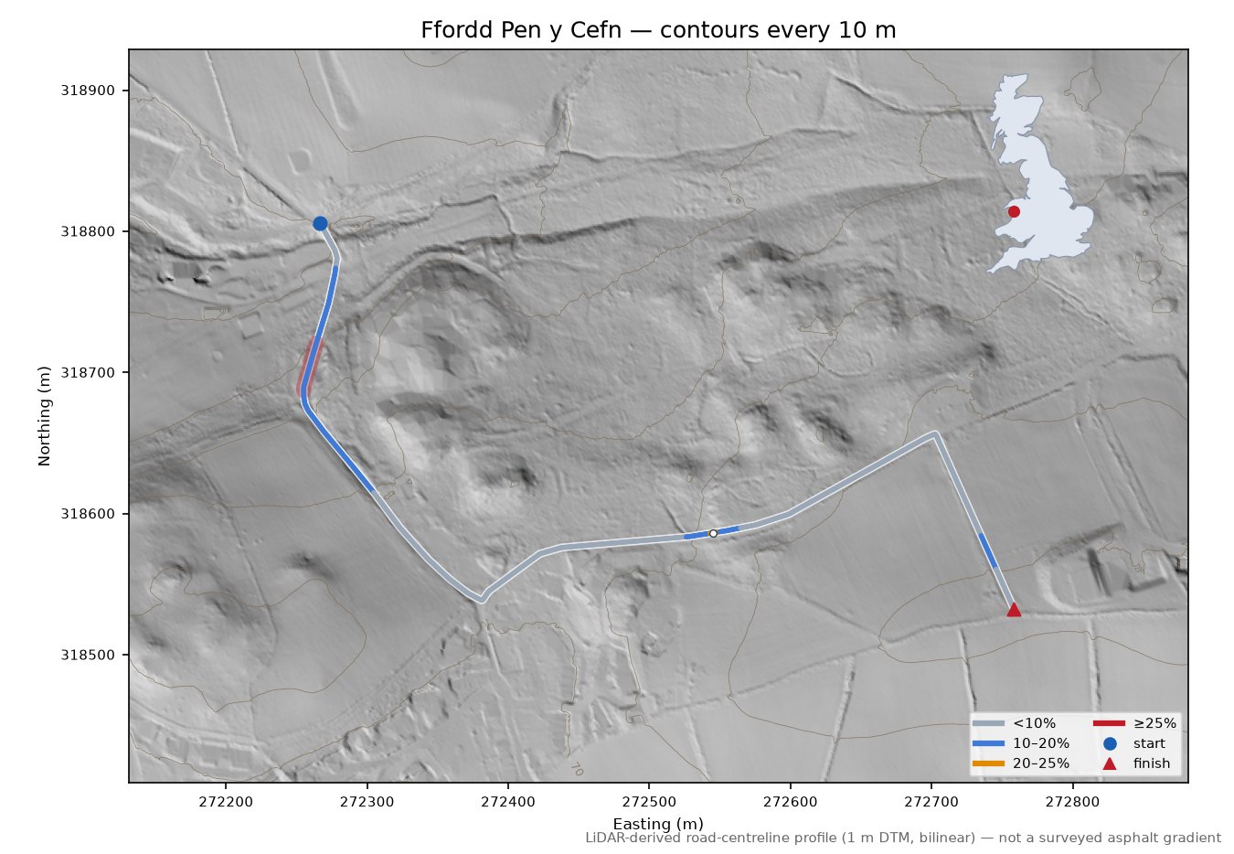 Ffordd Pen y Cefn LiDAR hillshade map with contours