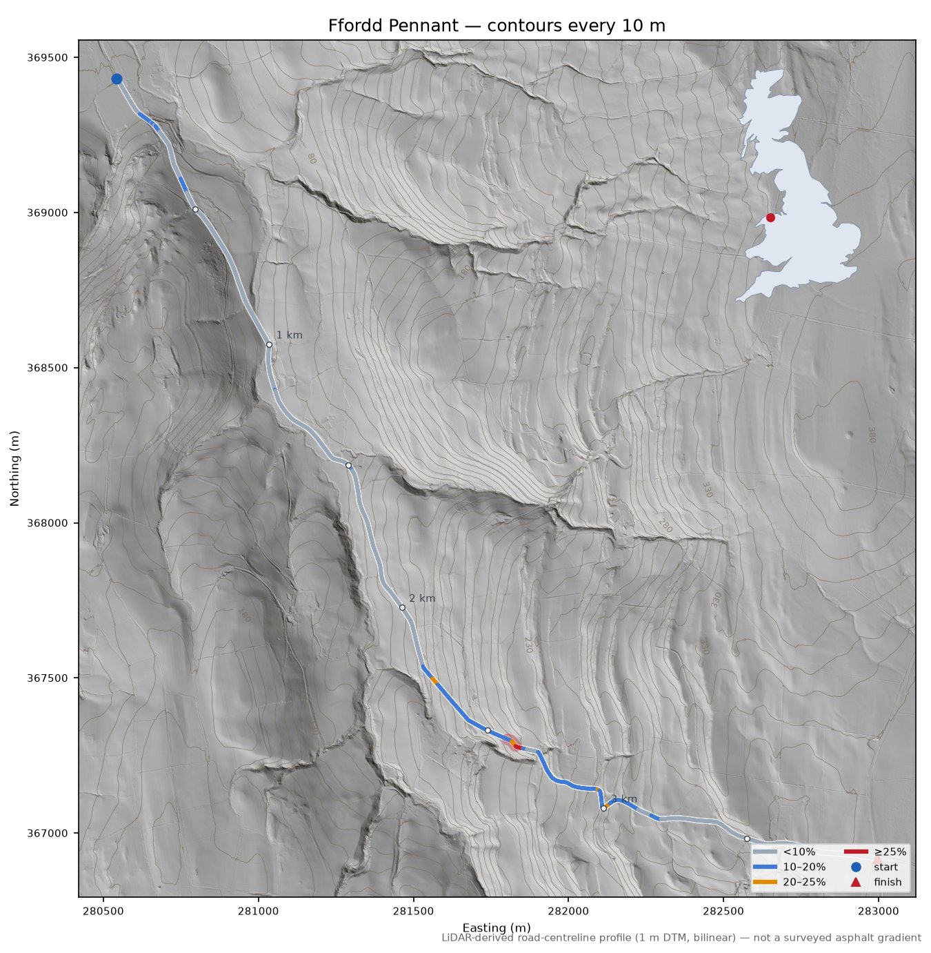 Ffordd Pennant LiDAR hillshade map with contours