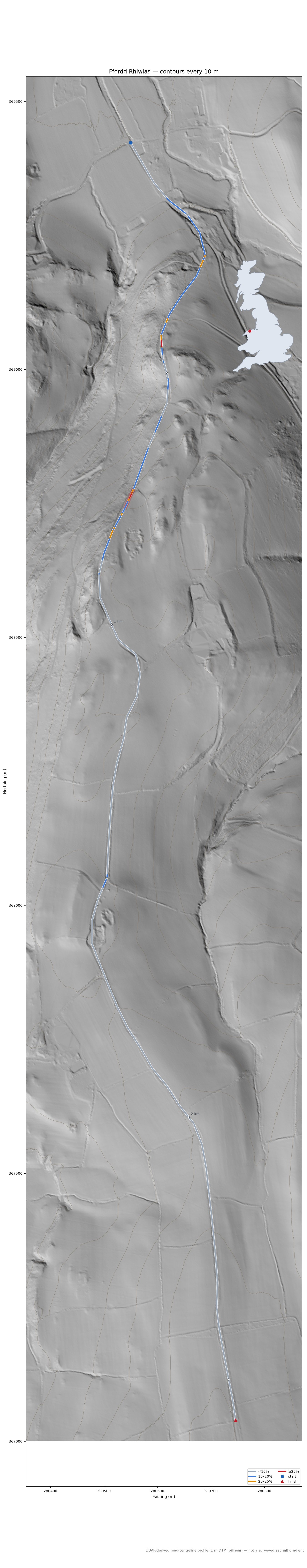 Ffordd Rhiwlas LiDAR hillshade map with contours