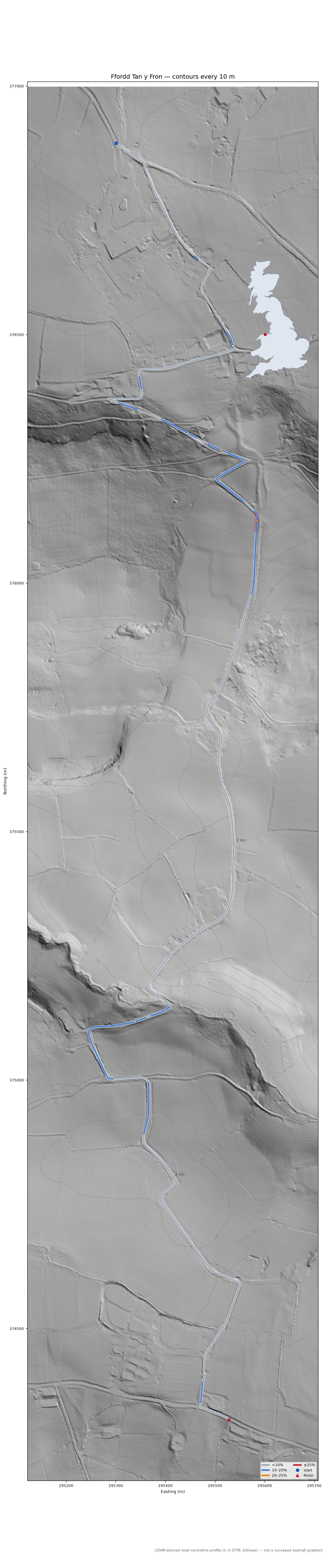 Ffordd Tan y Fron LiDAR hillshade map with contours