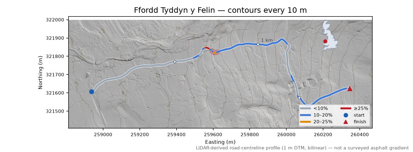 Ffordd Tyddyn y Felin LiDAR hillshade map with contours