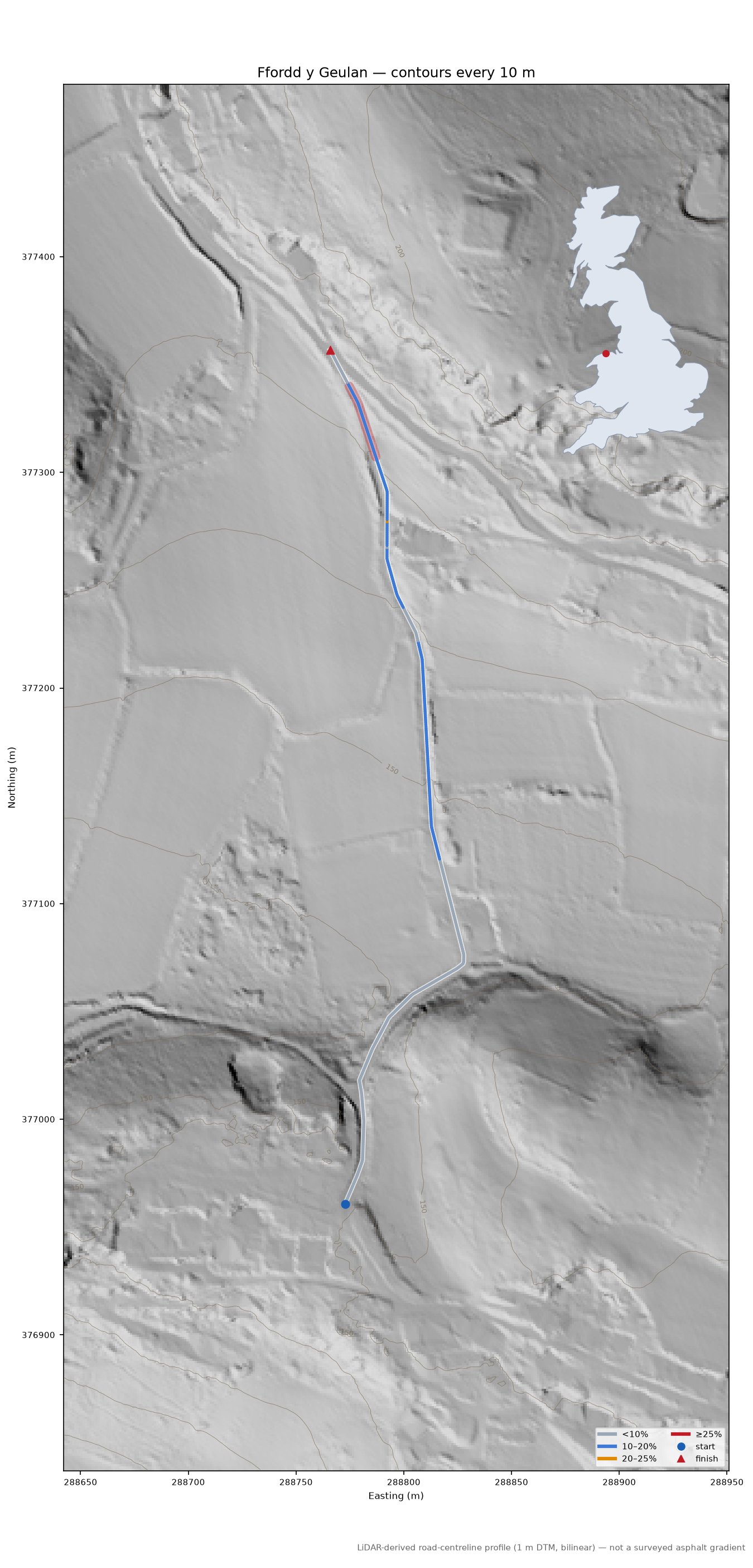 Ffordd y Geulan LiDAR hillshade map with contours
