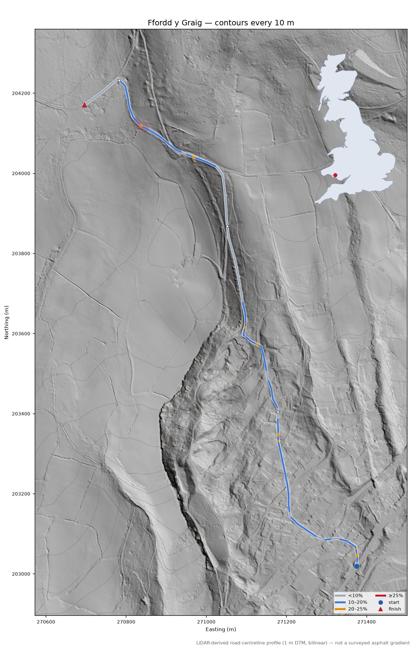 Ffordd y Graig LiDAR hillshade map with contours