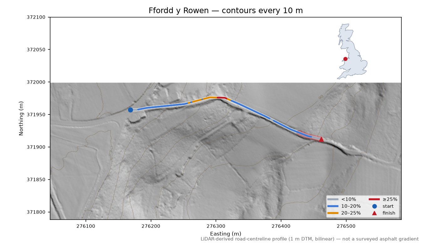 Ffordd y Rowen LiDAR hillshade map with contours