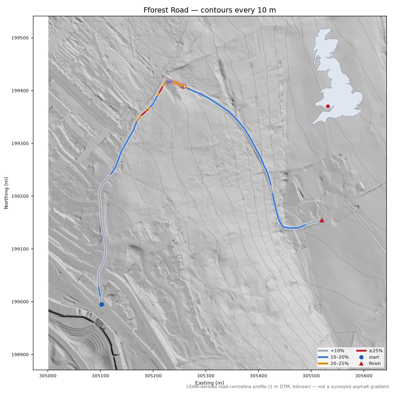 Fforest Road LiDAR hillshade map with contours