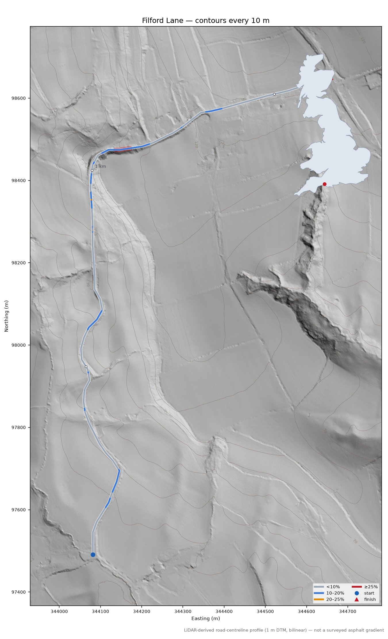 Filford Lane LiDAR hillshade map with contours