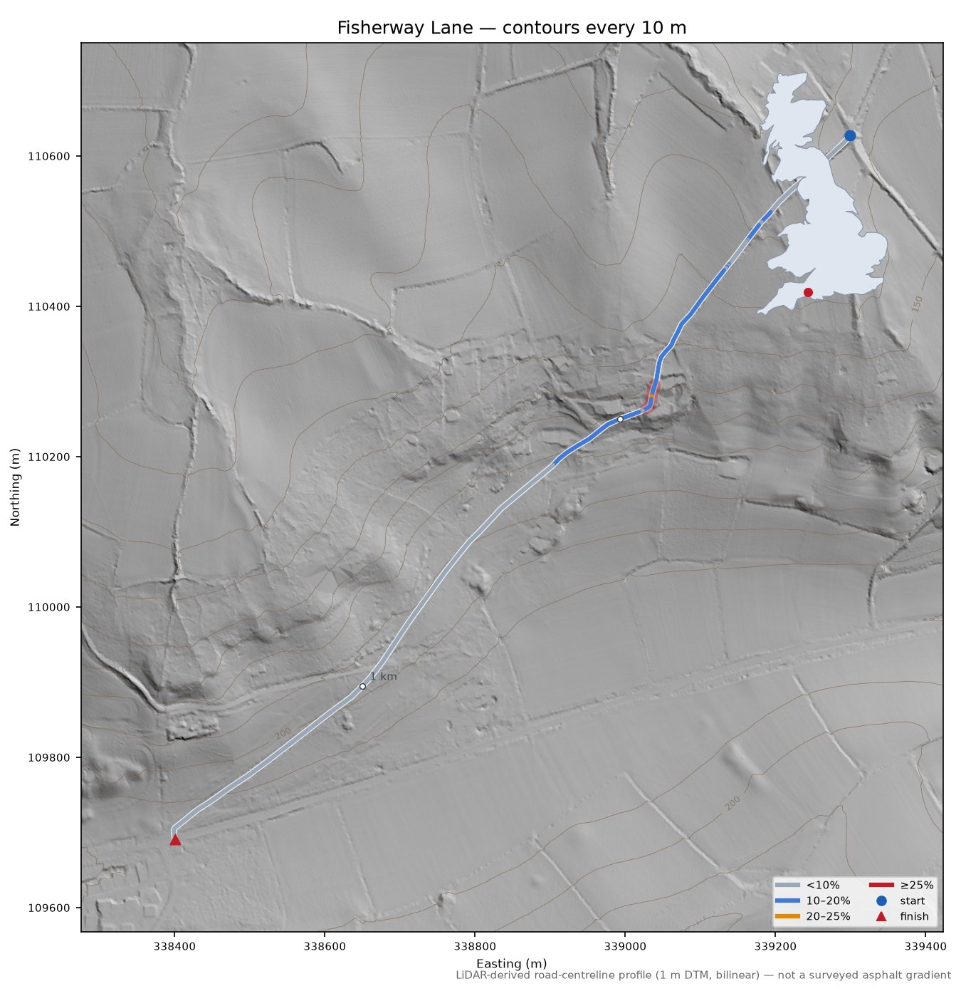 Fisherway Lane LiDAR hillshade map with contours