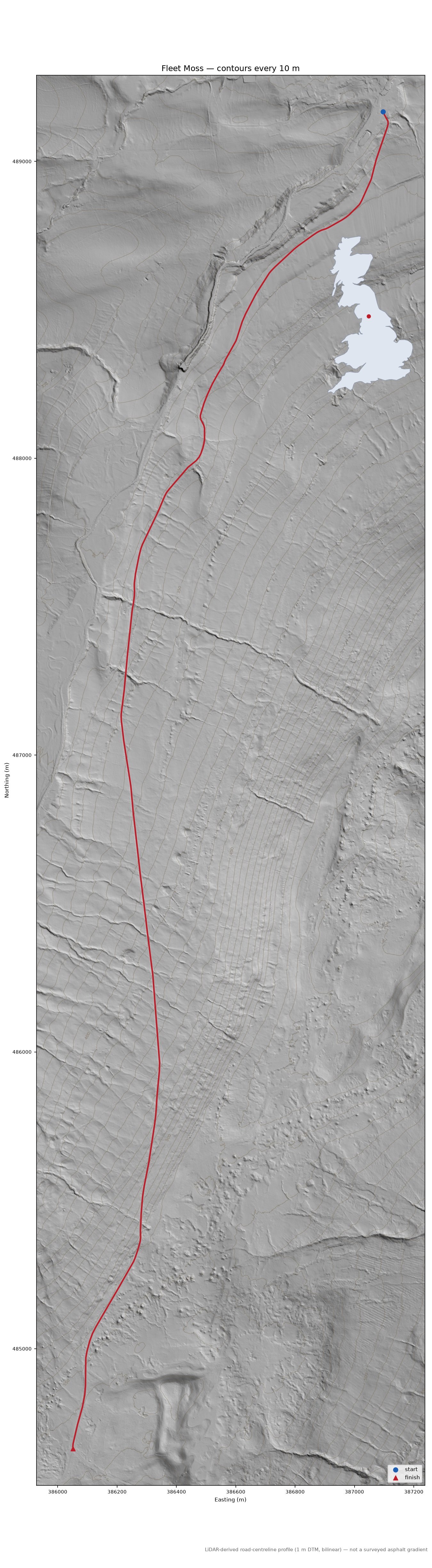 Fleet Moss LiDAR hillshade map with contours