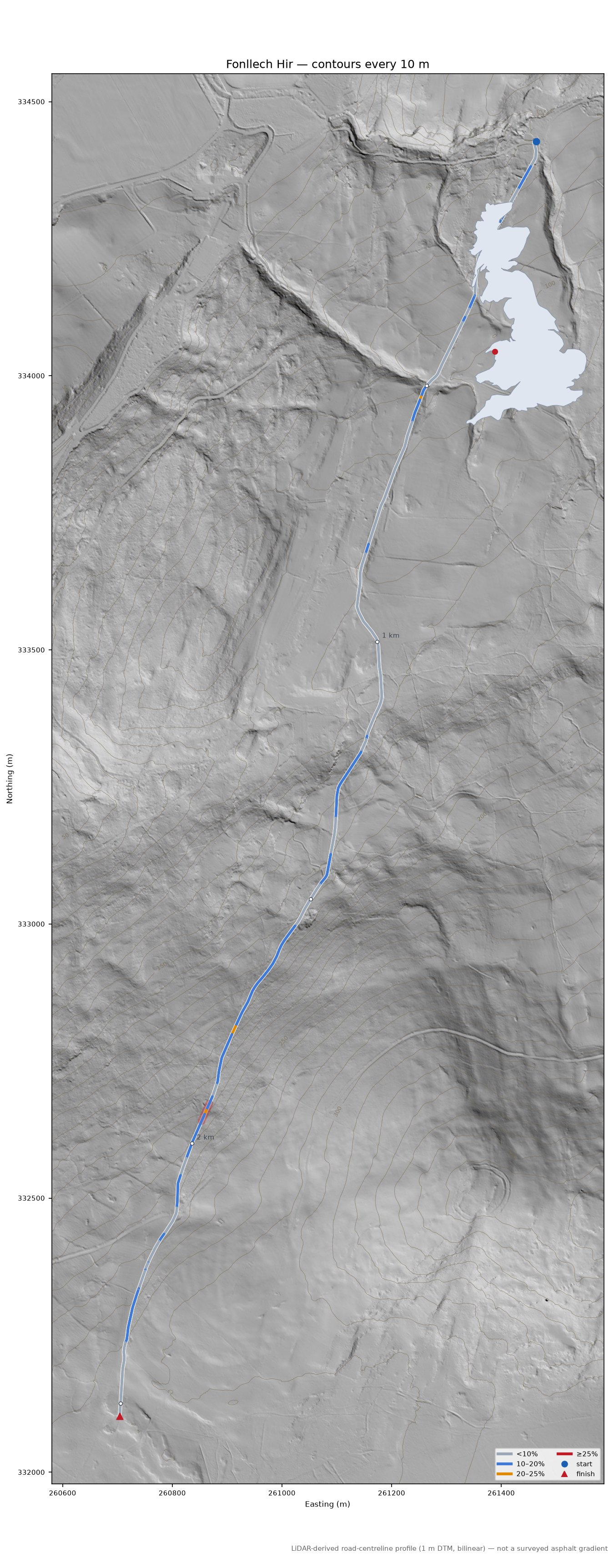 Fonllech Hir LiDAR hillshade map with contours