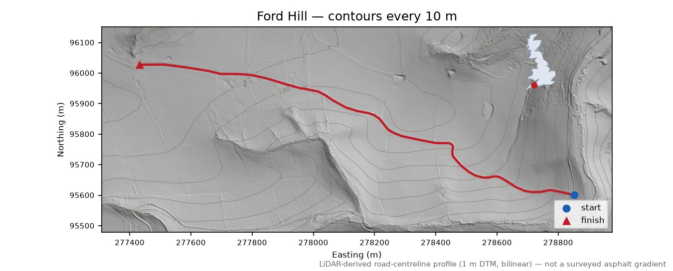 Ford Hill LiDAR hillshade map with contours