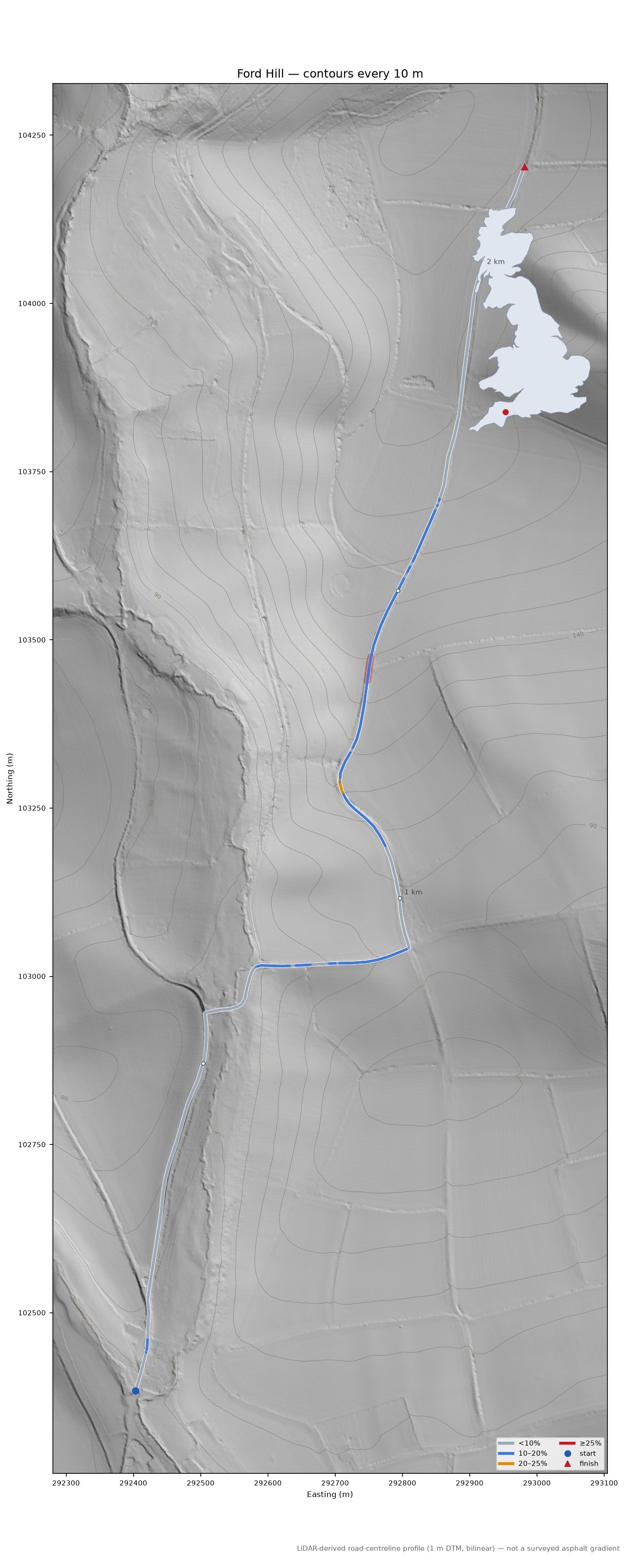 Ford Hill LiDAR hillshade map with contours
