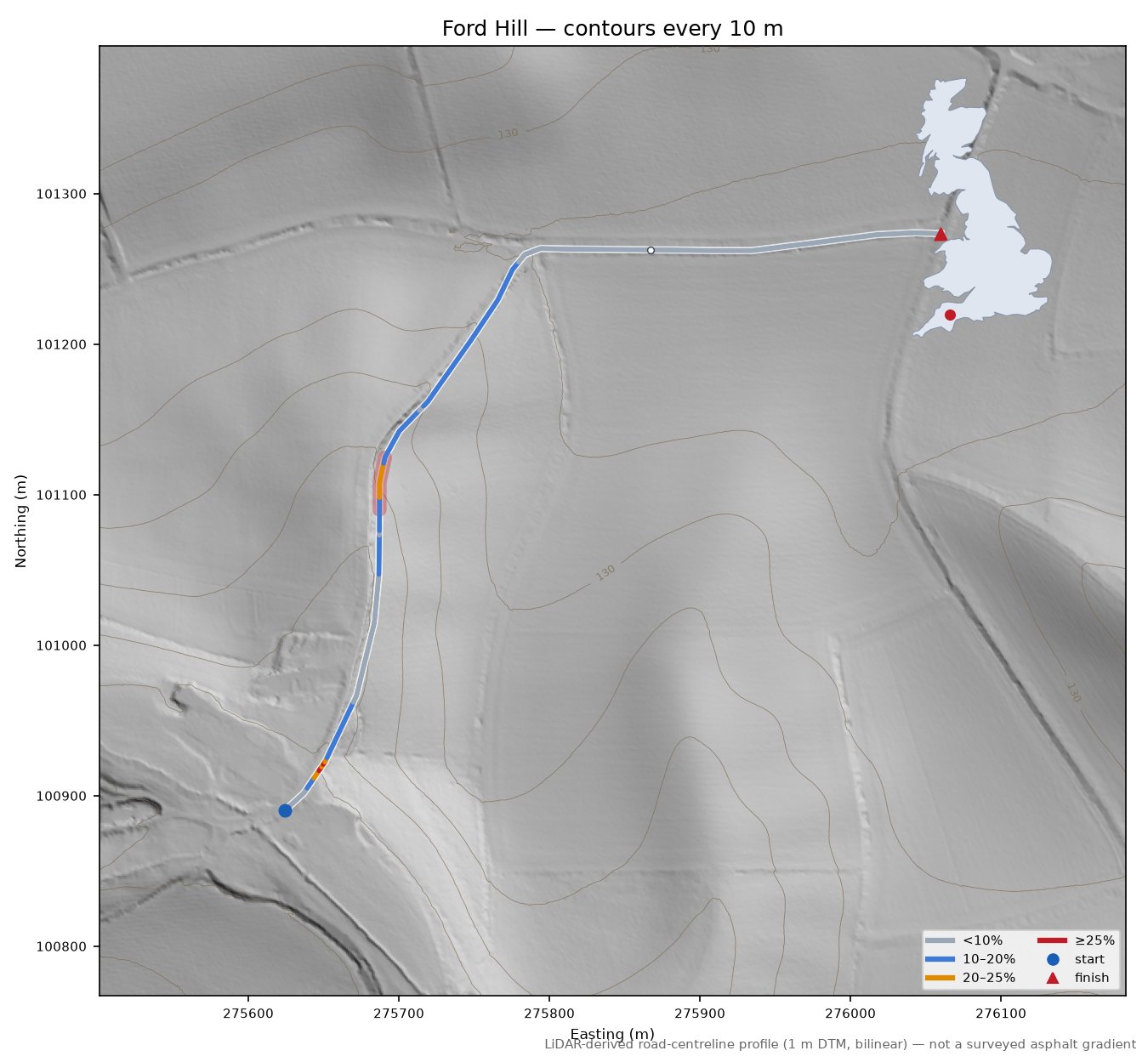 Ford Hill LiDAR hillshade map with contours
