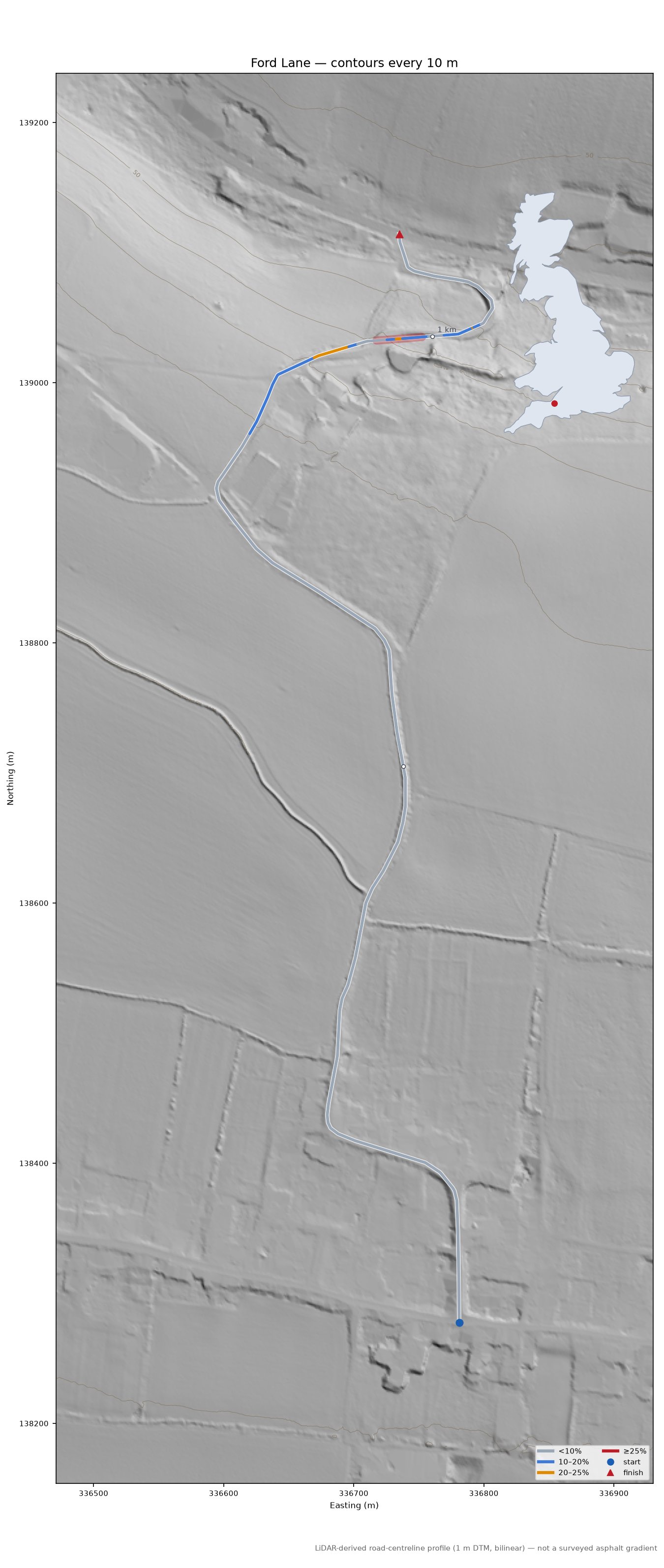 Ford Lane LiDAR hillshade map with contours