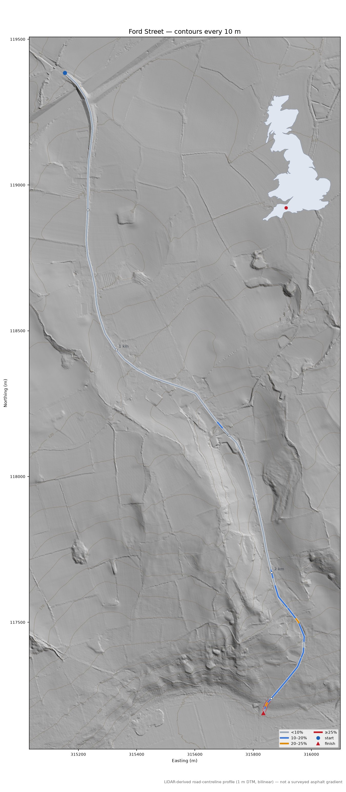 Ford Street LiDAR hillshade map with contours