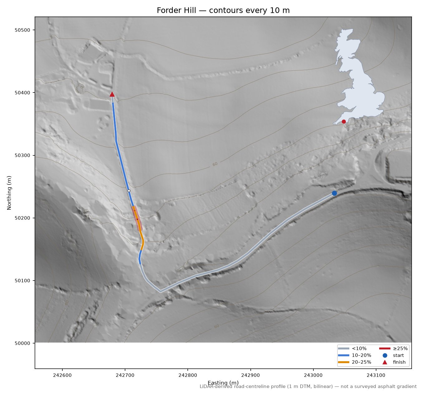 Forder Hill LiDAR hillshade map with contours