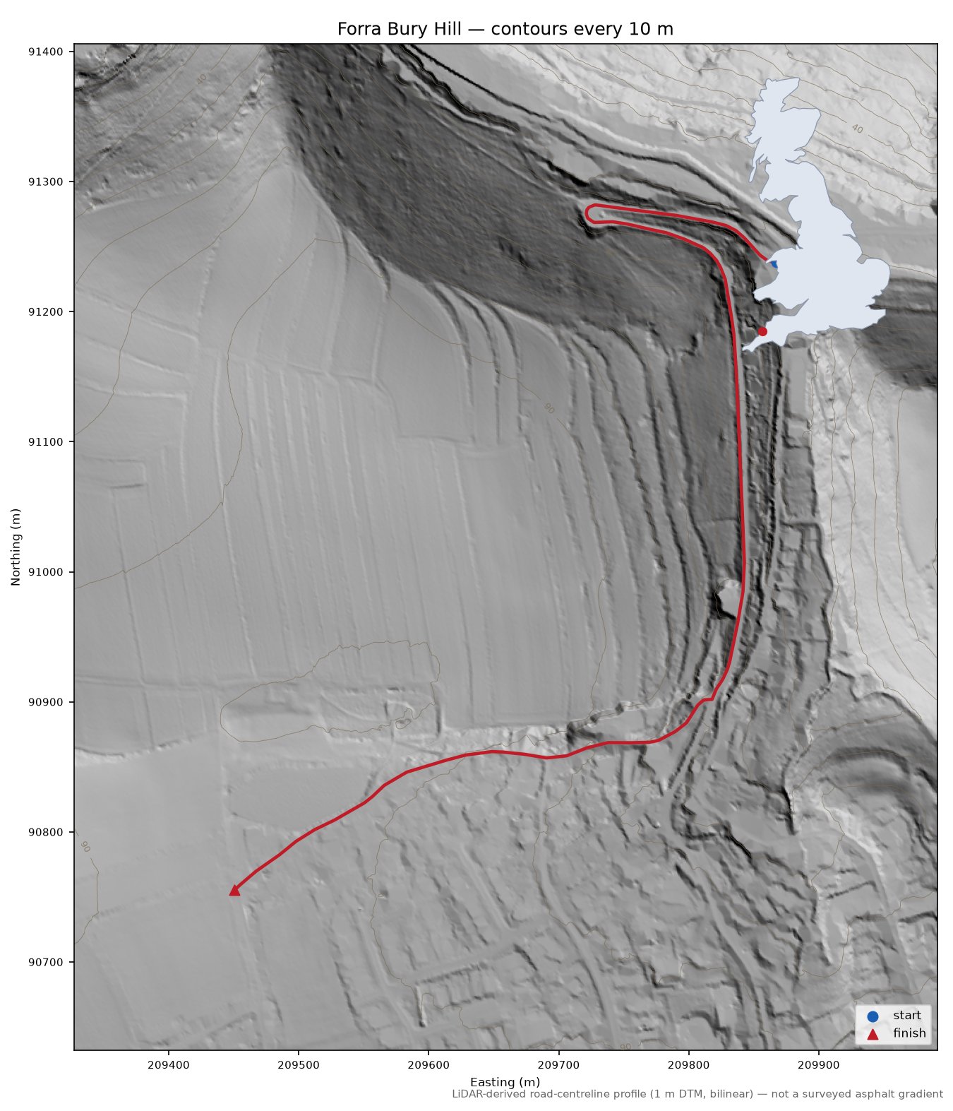 Forra Bury Hill LiDAR hillshade map with contours