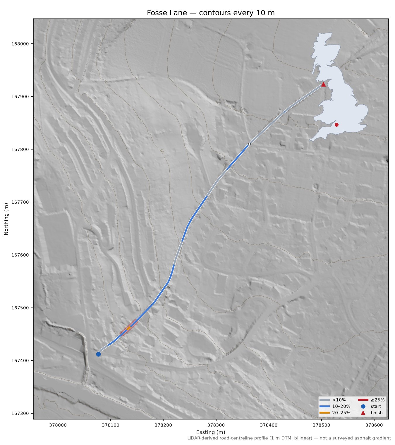 Fosse Lane LiDAR hillshade map with contours