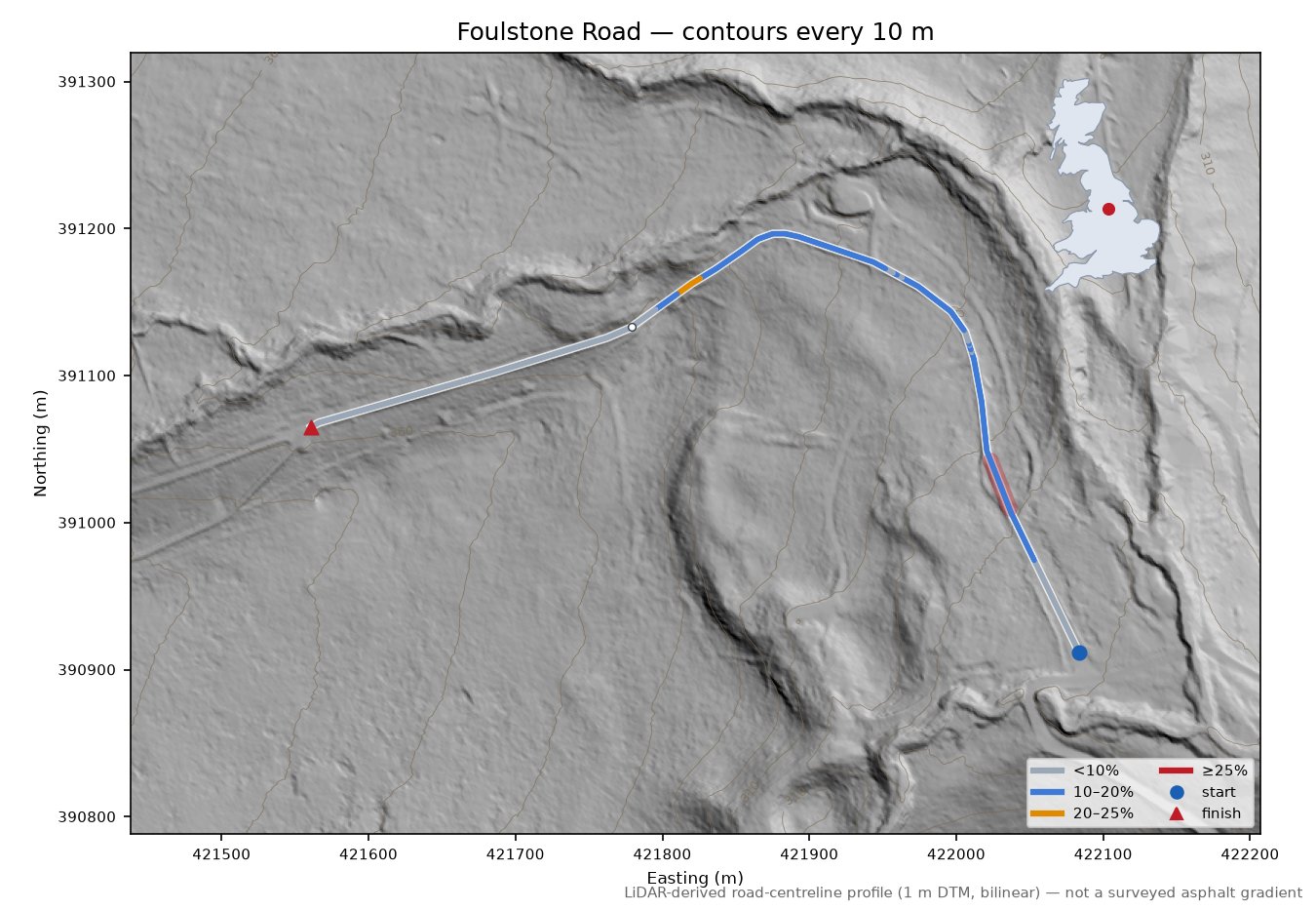 Foulstone Road LiDAR hillshade map with contours