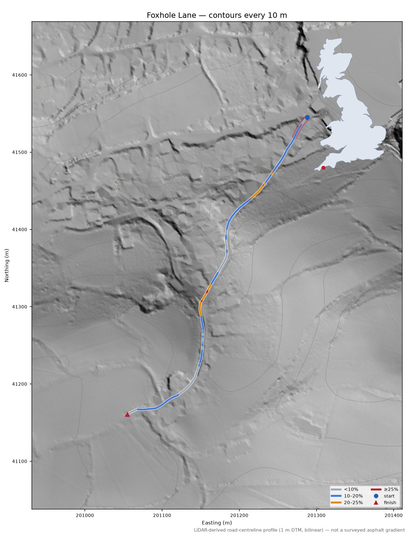 Foxhole Lane LiDAR hillshade map with contours