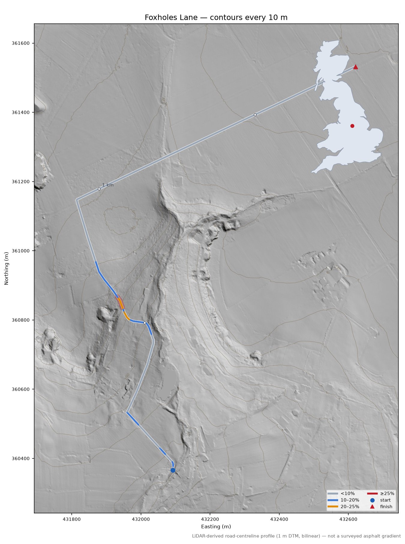 Foxholes Lane LiDAR hillshade map with contours