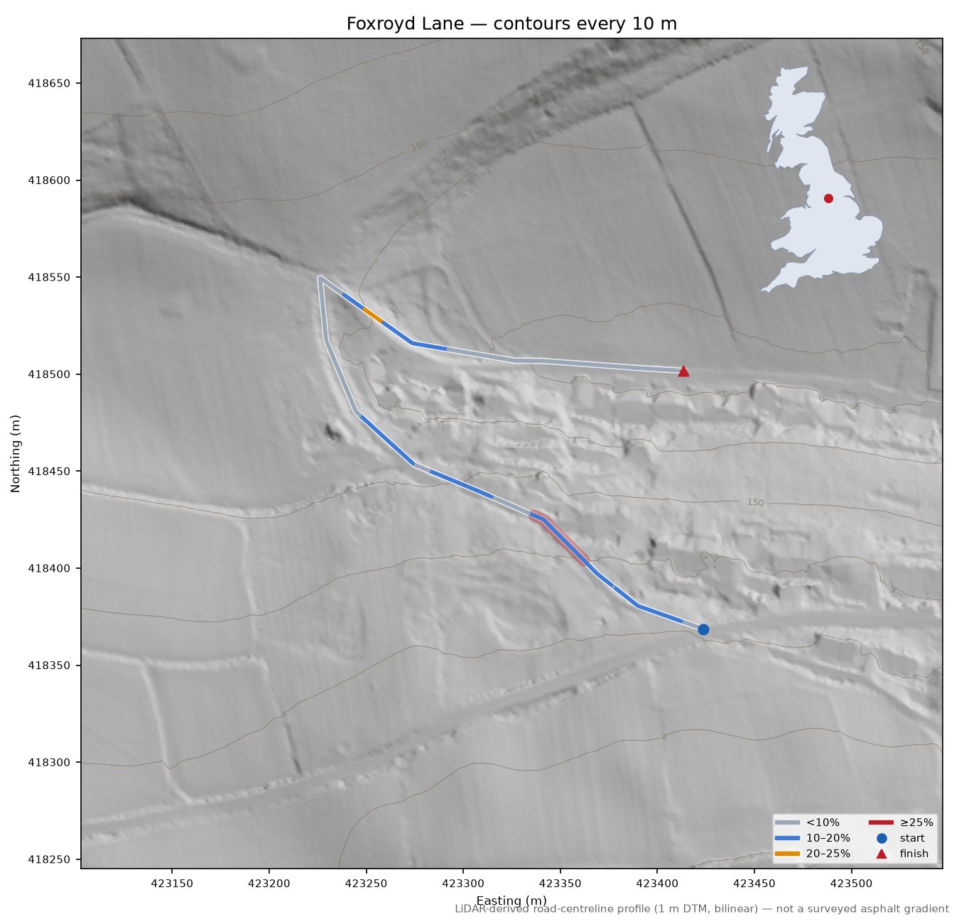 Foxroyd Lane LiDAR hillshade map with contours