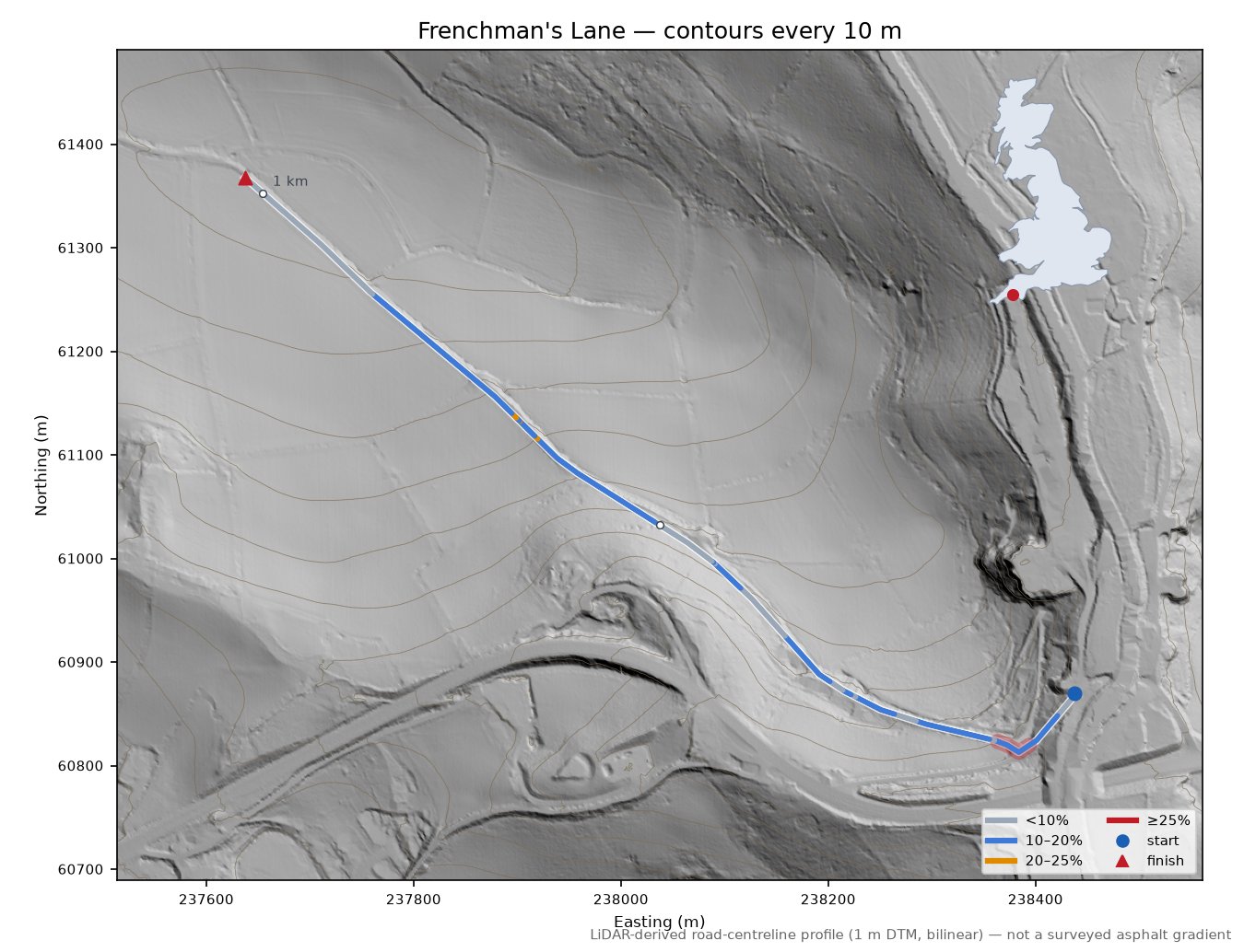 Frenchman's Lane LiDAR hillshade map with contours